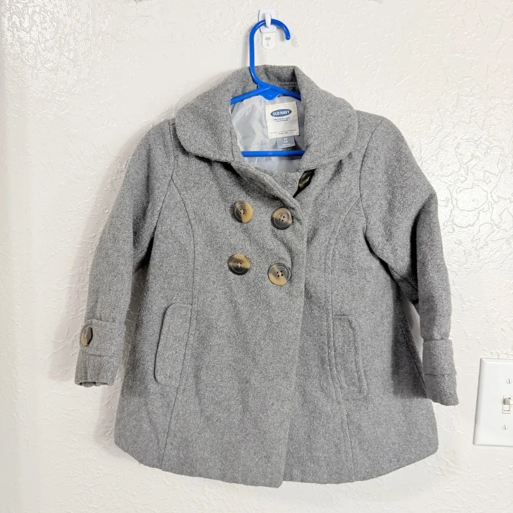 Old Navy Girls Gray Wool Blend Double Breasted Pea Coat Jacket Size 2T